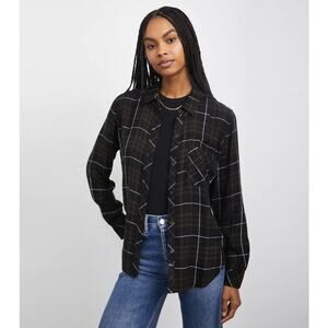 Rails Women Olive Carbon Plaid Rayon Woven Hunter Oversize Button Shirt Size S